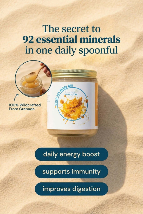 Mango Sea Moss Gel - 8oz16oz jar on sand with text highlighting its minerals and benefits for energy, immunity, and digestion.