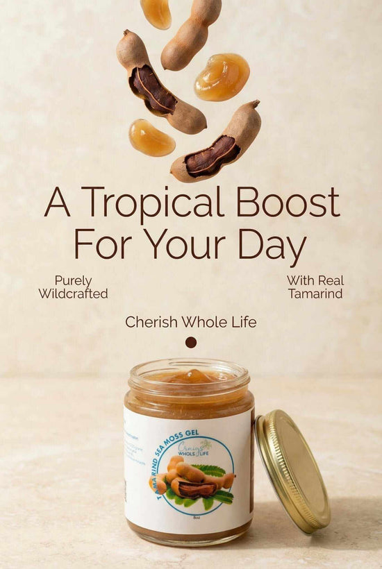 Tamarind Sea Moss Gel 8oz16oz in jar with tamarind pods above for a tropical boost, purely wildcrafted.