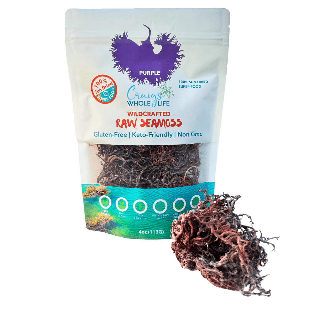 Raw Purple Sea Moss Wildcrafted in a 4oz package, showcasing the gluten-free and keto-friendly label.