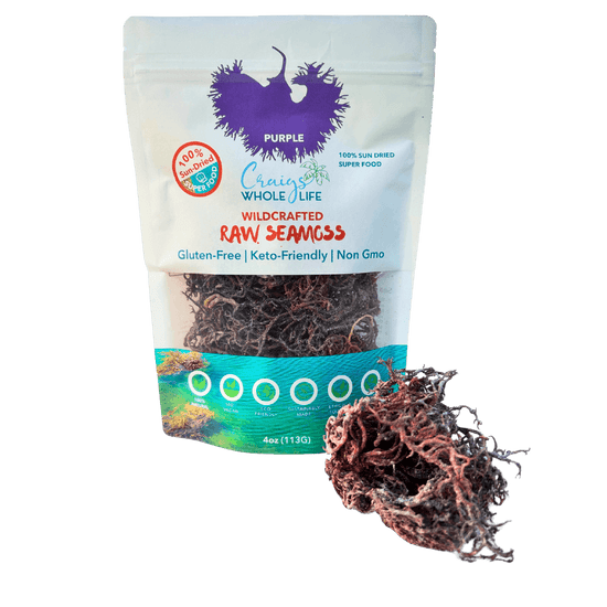 Raw Purple Sea Moss Wildcrafted in a 4oz package, showcasing the gluten-free and keto-friendly label.