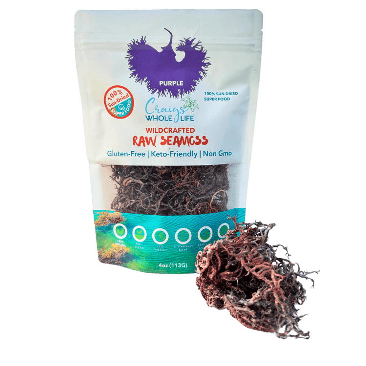 Raw Purple Sea Moss Wildcrafted in a 4oz package, showcasing the gluten-free and keto-friendly label.