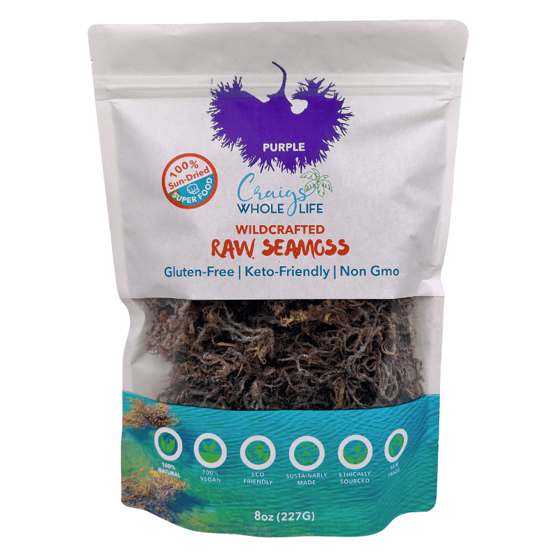 Raw Purple Sea Moss Wildcrafted 8oz package showcasing gluten-free, keto-friendly, and sustainably sourced sea moss.