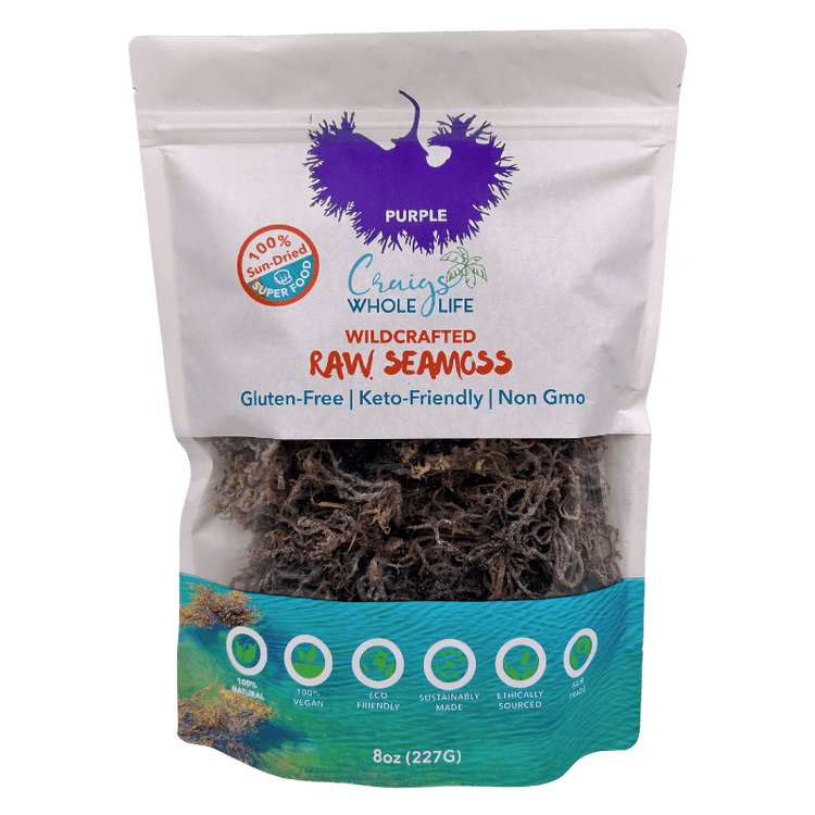 Raw Purple Sea Moss Wildcrafted 8oz package showcasing gluten-free, keto-friendly, and sustainably sourced sea moss.