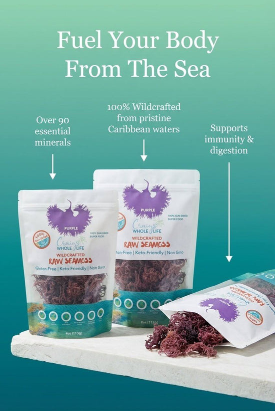 Image of Raw Purple Sea Moss Wildcrafted packaging highlighting its health benefits and essential minerals.