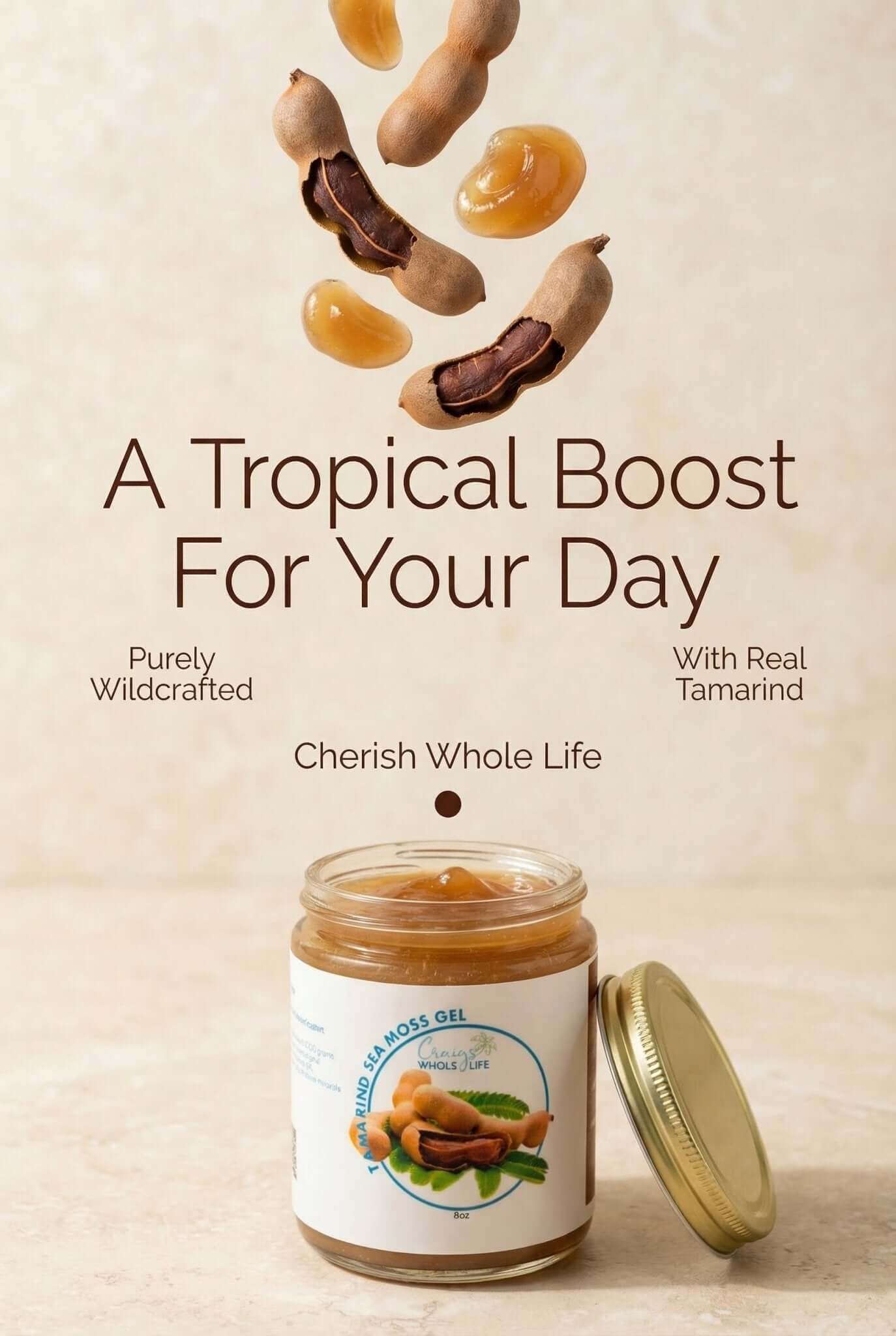 Tamarind Sea Moss Gel 8oz16oz in a jar with tamarind pods falling above, promoting a tropical boost for your day.