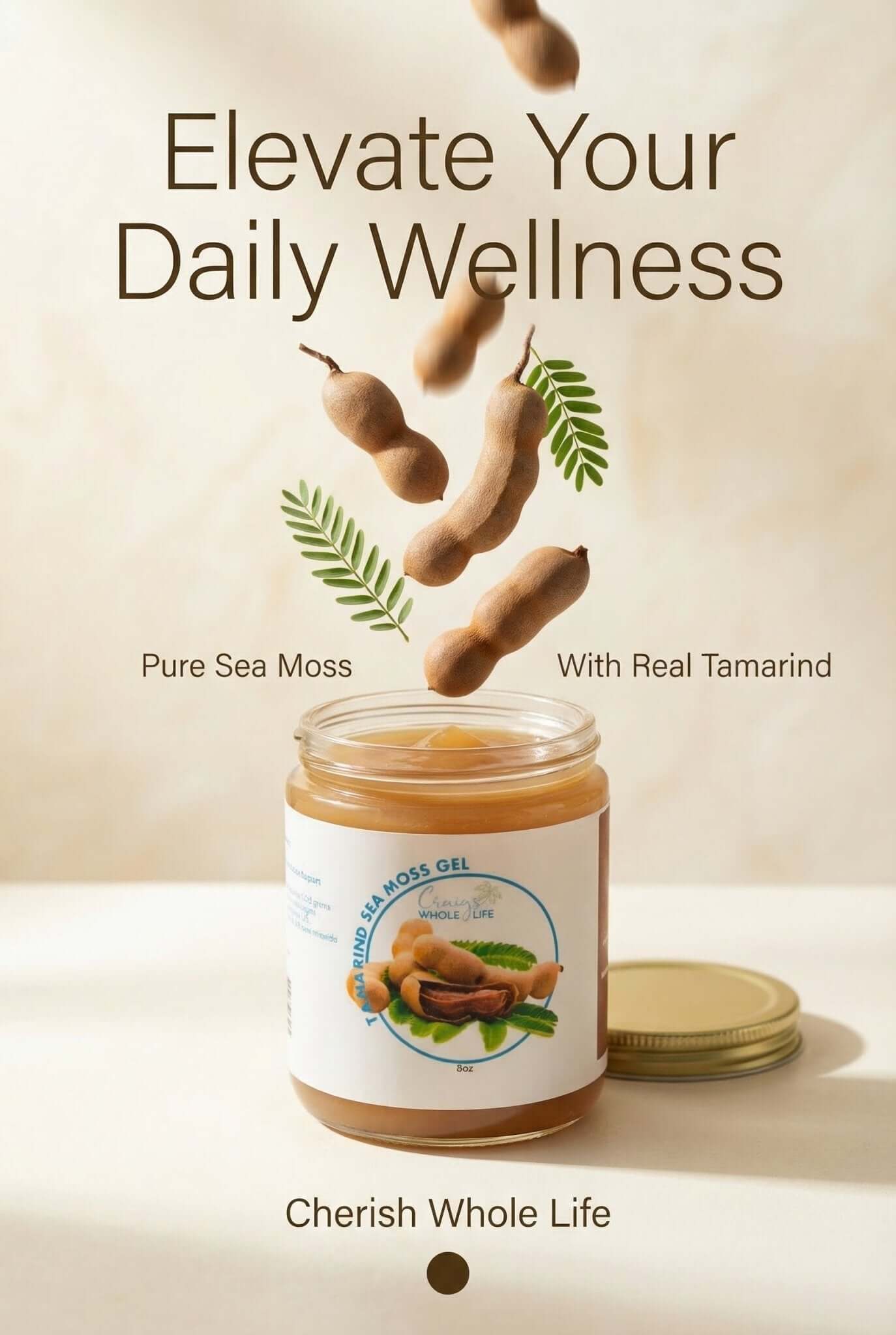 Tamarind Sea Moss Gel 8oz16oz jar with tamarind pods and greenery for daily wellness.