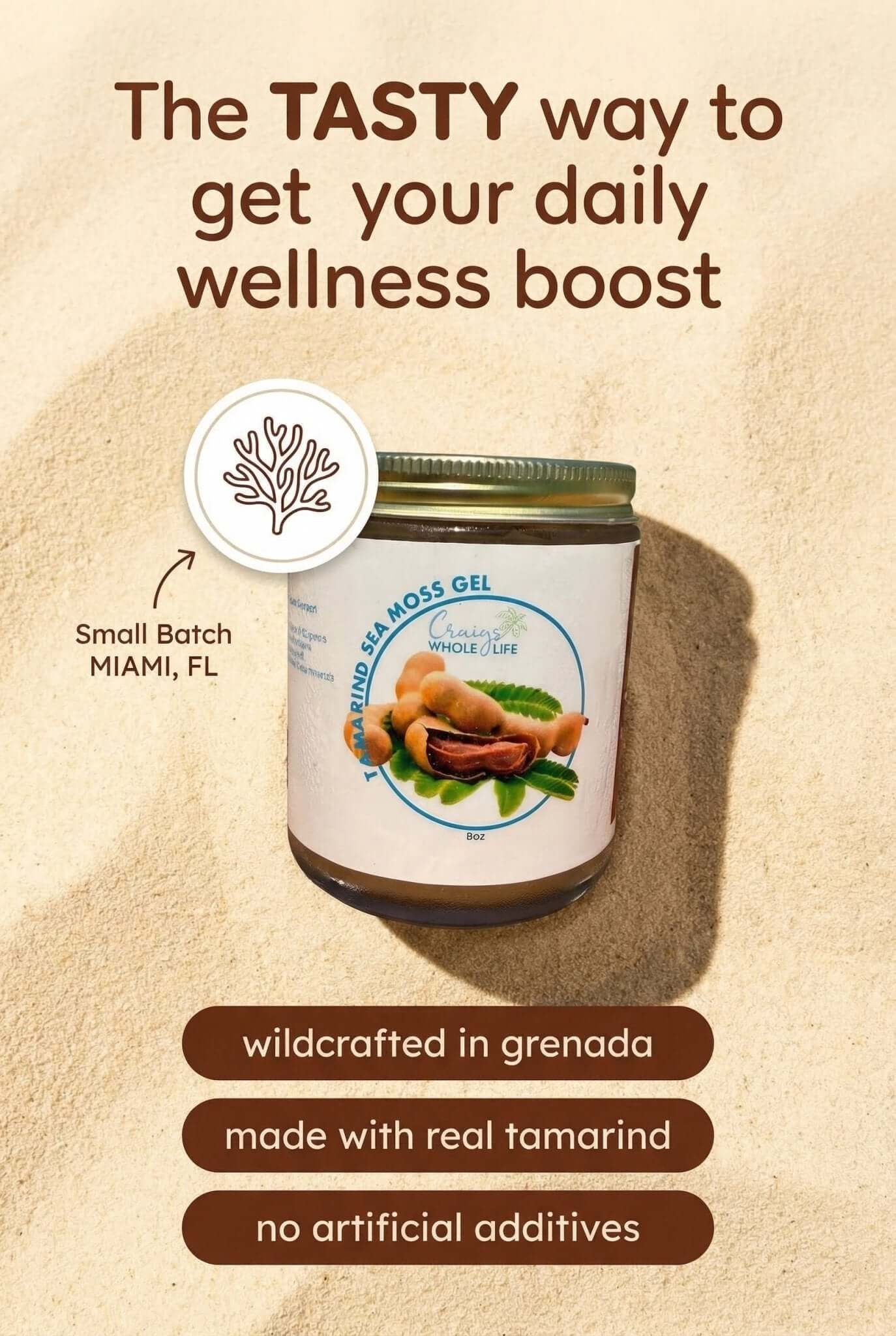 Tamarind Sea Moss Gel  – (8oz/16oz) in a glass jar on sandy background emphasizing wellness benefits.