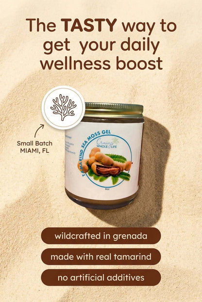 Tamarind Sea Moss Gel  – (8oz/16oz) in a glass jar on sandy background emphasizing wellness benefits.