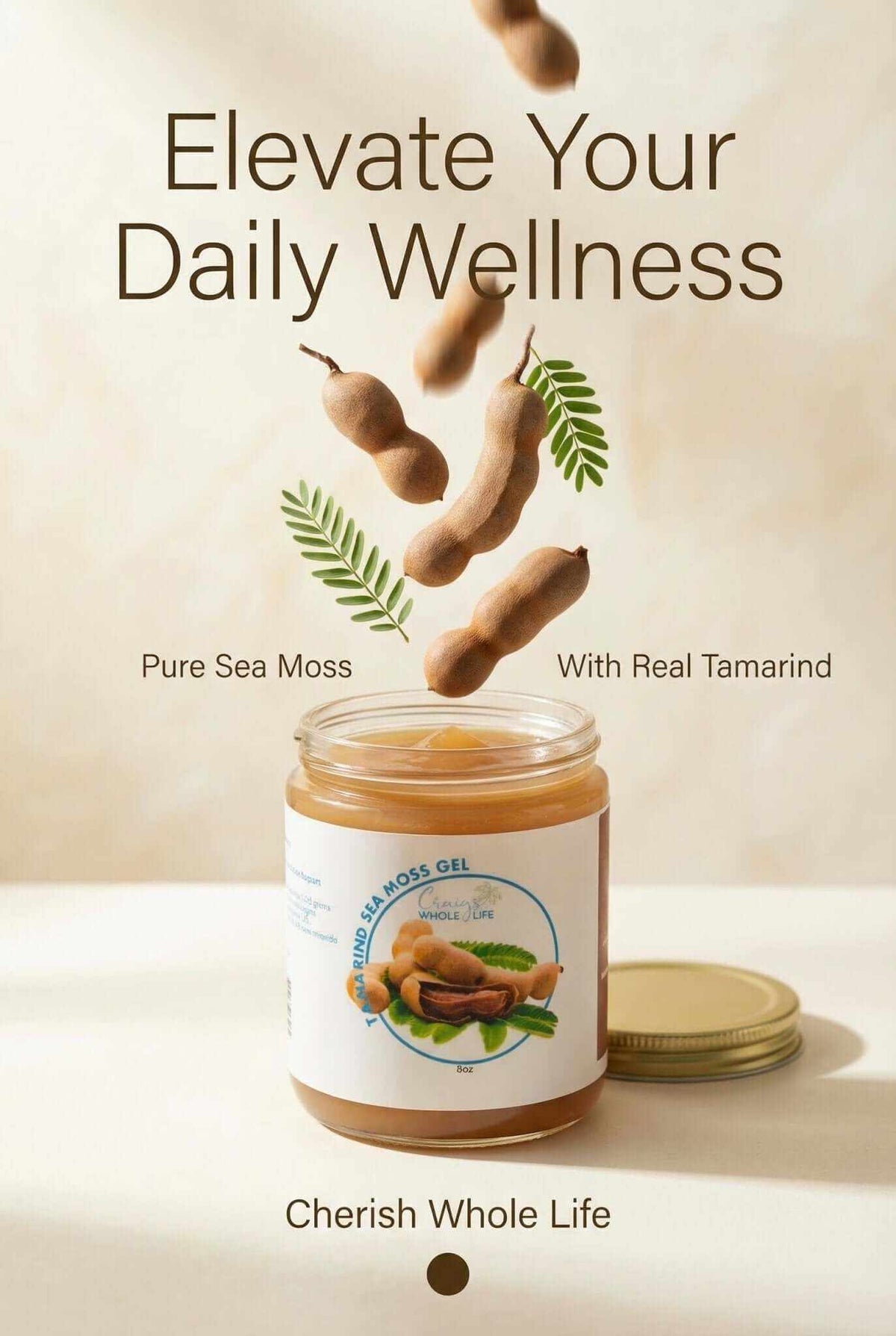 Tamarind Sea Moss Gel 8oz16oz in a jar with tamarind and sea moss, promoting daily wellness.